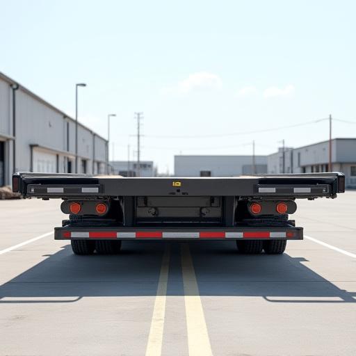 A heavy-duty flatbed equipment trailer with loading ramps, built for heavy machinery.