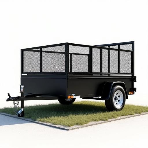 A black single-axle utility trailer with high mesh sides, ready for landscaping or construction debris.