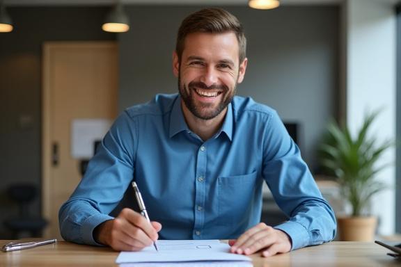A customer smiling while signing financing paperwork at a desk, indicating an easy approval process.